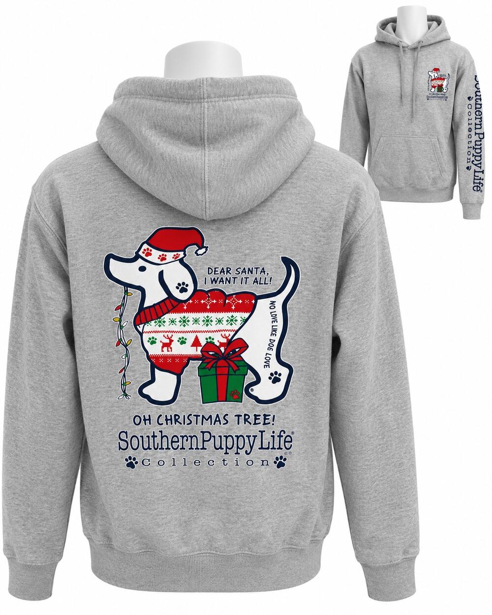 Pacific & Co Southern Puppy Life Christmas Hoodie Gray NWT Womens Small